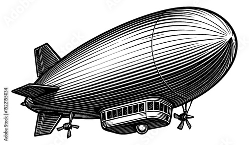 Illustration of a Vintage Dirigible Airship Engraved in Black and White