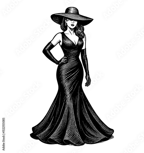Elegant Caucasian Woman in Black Dress and Hat with Confident Pose in Engraved Style
