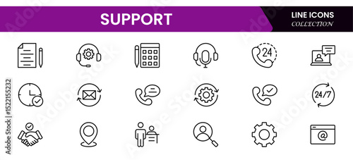 Clean vector web line icons illustrating customer support, helpdesk, communication, technical assistance, and reliable service solutions for users.