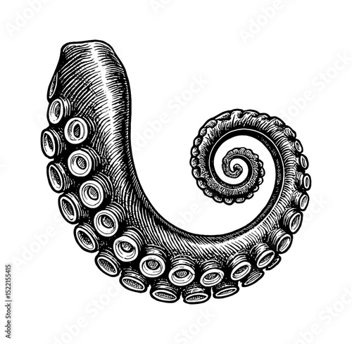 Detailed Black and White Engraving of a Curled Octopus Tentacle on a White Background