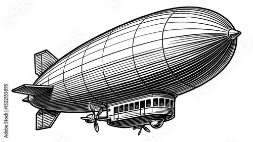 Vintage Engraved Illustration of Airship or Zeppelin Dirigible in Black and White