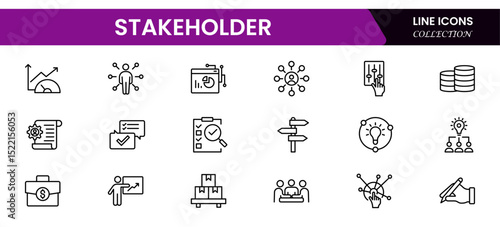 Concise vector web line icons illustrating stakeholder engagement, collaboration, influence, communication, and strategic partnerships in business ecosystems.