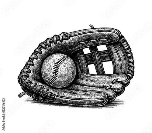 Baseball glove with baseball inside in detailed vintage black and white engraving style