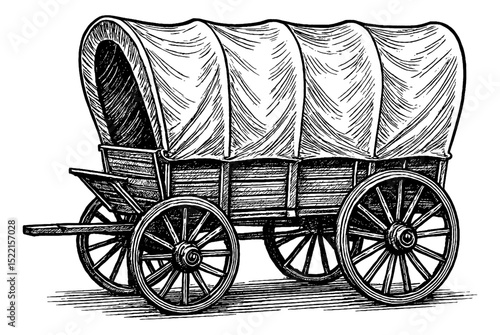 Illustration of a Covered Wagon in Detailed Black and White Hatch Style