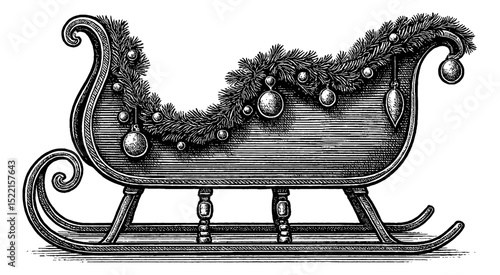 Engraved Illustration of a Christmas Sleigh Decorated with Pine Garland and Ornaments
