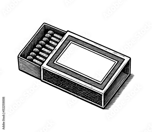 Matchbox with Matches Inside Engraved Vector Illustration, Wood Box with Matchsticks