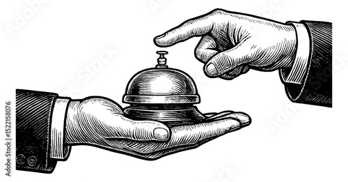 Hand About to Ring Service Bell in Detailed Black and White Engraving Line Art Drawing