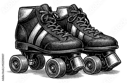 Pair of Black and White Roller Skates with Stripes in Detailed Engraving Art
