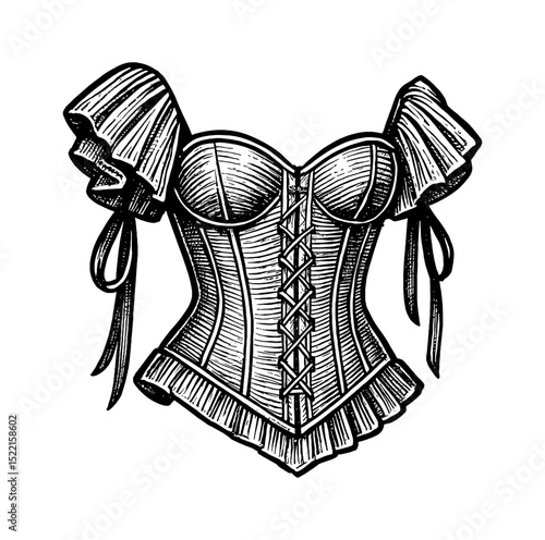 Vintage Style Corset with Ruffled Sleeves and Lace-Up Front in Detailed Black and White Engraving Art