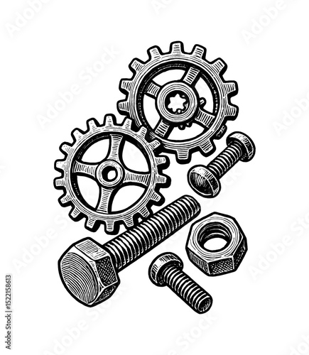 Illustration of gears, bolts and nuts in black and white for mechanical engineering concept