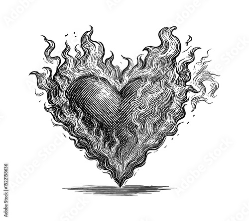 Engraved Heart Burning with Flames in Black and White Detailed Line Art Drawing