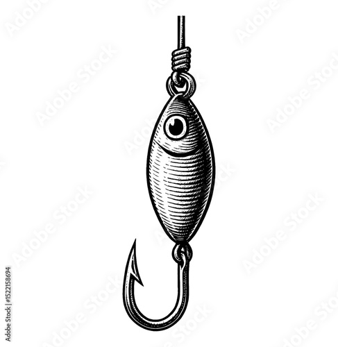 Illustration of a fishing lure hanging from a line with a sharp hook in monochrome style