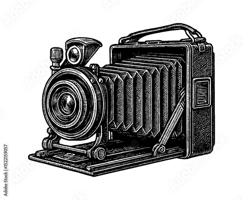 Vintage Camera Detailed Illustration in Black and White Old Photographic Equipment