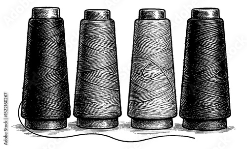 Engraved illustration of four spools of thread in black and white on white background