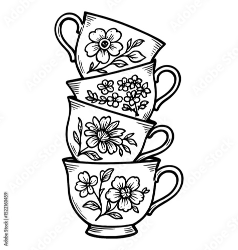 Stack of Four Teacups with Floral Designs in Black and White Line Art Illustration