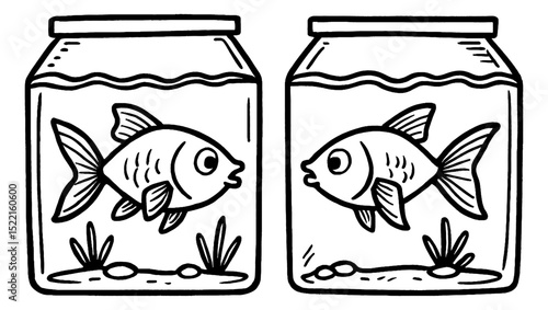 Two Goldfish in Jars Black and White Line Art Illustration Cartoon Style