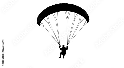 Paraglider descending through the sky with a black parachute  