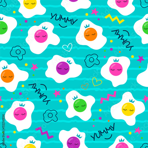Fried eggs seamless pattern on bright background. Colorful eggs for wrapper, print, textile and fabric. Vector illustration