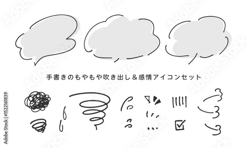 手書きの吹き出しフレームとネガティブ感情アイコンのイラスト素材セット (ベクター・モノクロ)