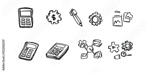 Hand drawn doodle calculator gear pen document percentage clock finance business office tools icons vector illustration sketch style minimalist line art set