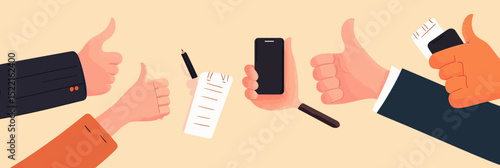 Flat minimalist vector illustration of various hands making thumbs up holding smartphone pen and check list for business communication concept