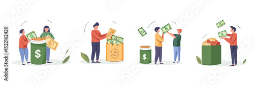 Volunteers collecting donations putting money banknotes into charity boxes and jars isolated on white background flat vector illustration