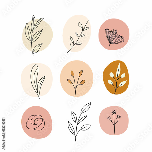 Minimalist hand drawn floral and leaf doodle icons set with pastel color backgrounds for Instagram story highlight or logo design vector illustration