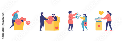 Volunteers donating clothes and money in charity boxes and jars with heart symbols supporting financial and social aid concepts flat vector illustration