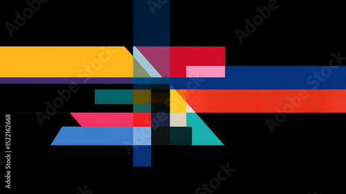 Minimal abstract composition of colorful geometric shapes and lines with sharp angles and symmetric design on a black canvas, featuring crisp and clean elements that emphasize balance, modern style