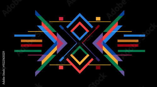 Minimal abstract composition of colorful geometric shapes and lines with sharp angles and symmetric design on a black canvas, featuring crisp and clean elements that emphasize balance, modern style