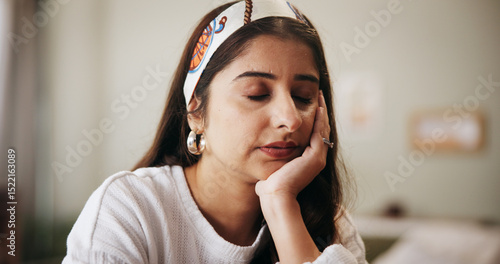 Фототапет Bored, tired and sleepy woman in home with stress, exhausted or rest for laziness