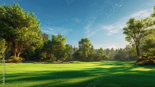 Lush green meadow under blue sky with trees and sunlight