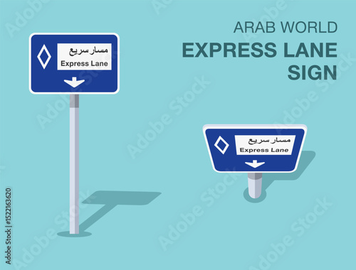 Traffic regulation rules. Isolated Arab world "express lane" road sign. Front and top view. Flat vector illustration template.