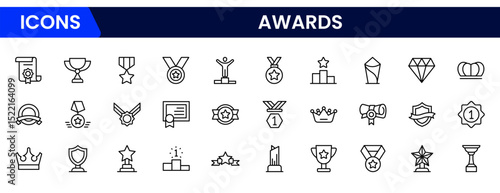 Elegant vector web line icons showcasing awards, trophies, recognition, achievement, and celebratory moments of excellence and success.