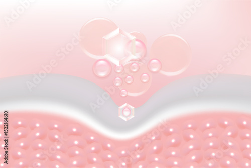 Hyaluronic acid and Niacinamide hair and skin solutions ad, pink collagen serum drops into skin cell with cosmetic advertising background ready to use, illustration vector.	