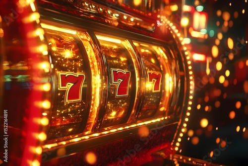 slot machine with triple 7s glowing in golden light, red and gold casino background, celebration effect
