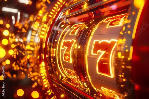 slot machine with triple 7s glowing in golden light, red and gold casino background, celebration effect
