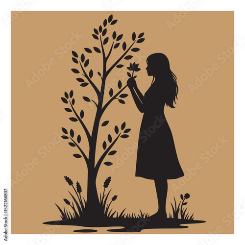 Silhouette of a woman admiring a flower growing near a tree in a natural setting