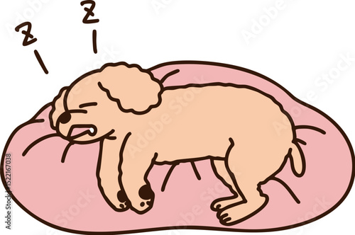 クッションの上で幸せそうに眠っている可愛いプードルのイラスト