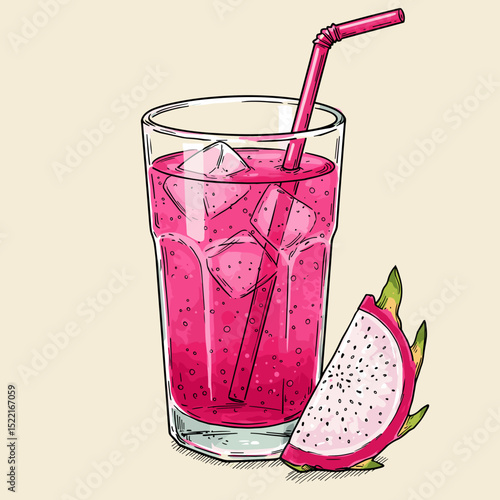 Refreshing dragon fruit beverage with ice and pink straw  