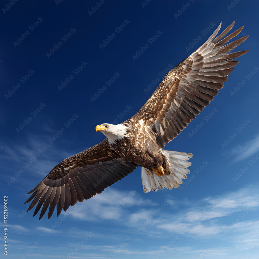 Fototapeta premium Eagle soaring high in the sky with wings spread wide against a backdrop of blue and white clouds