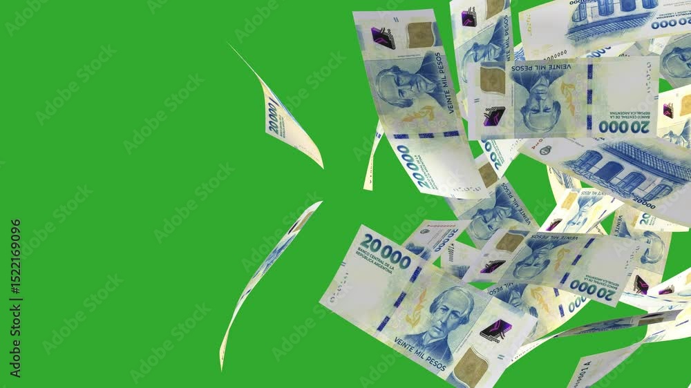 3D animation of Argentina peso notes moving flying passing blown away from left to right on Green screen background. Currency video transition effect overlay