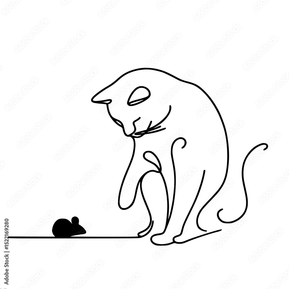 Obraz premium Cat observing a mouse in a minimalistic single line outline vector 