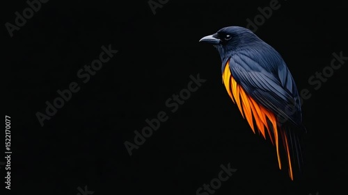 A striking blackbird perched against a dark background, showcasing vibrant orange wing feathers
