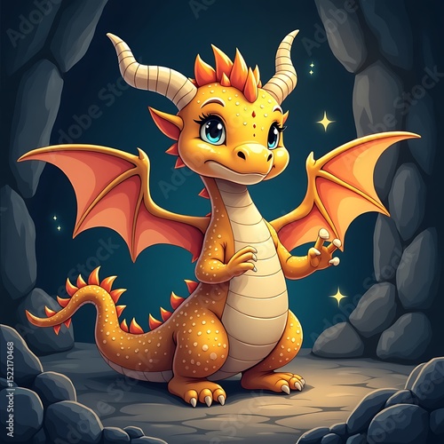 Cartoon Dragon Standing in a Dark Cave with Glowing Stars