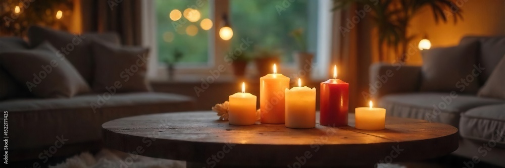 Cozy living room scene featuring several lit candles on a wooden coffee table, creating a warm and inviting atmosphere Soft light illuminates the room, casting gentle shadows , home decor, hygge Cozy living room scene featuring several lit candles on a wooden coffee table, creating a warm and inviting atmosphere Soft light illuminates the room, casting gentle shadows , home decor, hygge
