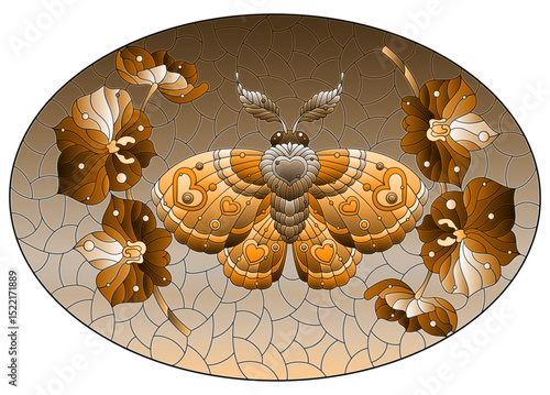 A stained glass illustration with a cute moth and orchid flowers on a sky background, tone brown