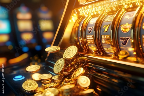 stack of gold coins and tokens spilling out of a winning slot machine, motion effect, bright lighting
