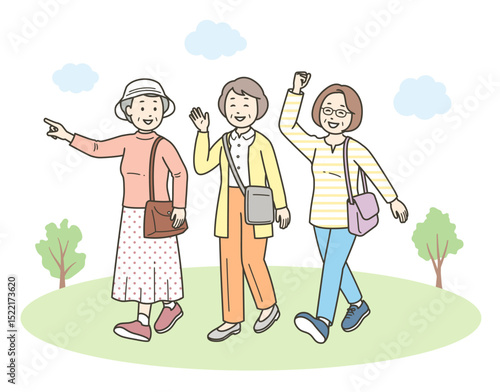仲の良い高齢女性グループが旅行先で楽しんでいる全身イラスト
