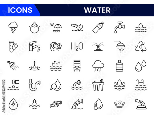Fluid vector web line icons depicting water elements, conservation, purification, waves, and sustainable aquatic resources and activities.